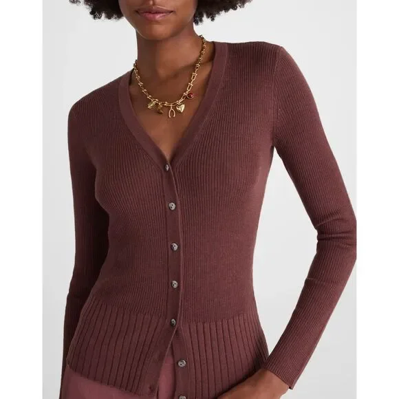 Madewell Merino Silk V-Neck Cardigan Brown Slim Fit Knit XXS NY442 Quiet Luxury - Picture 1 of 11